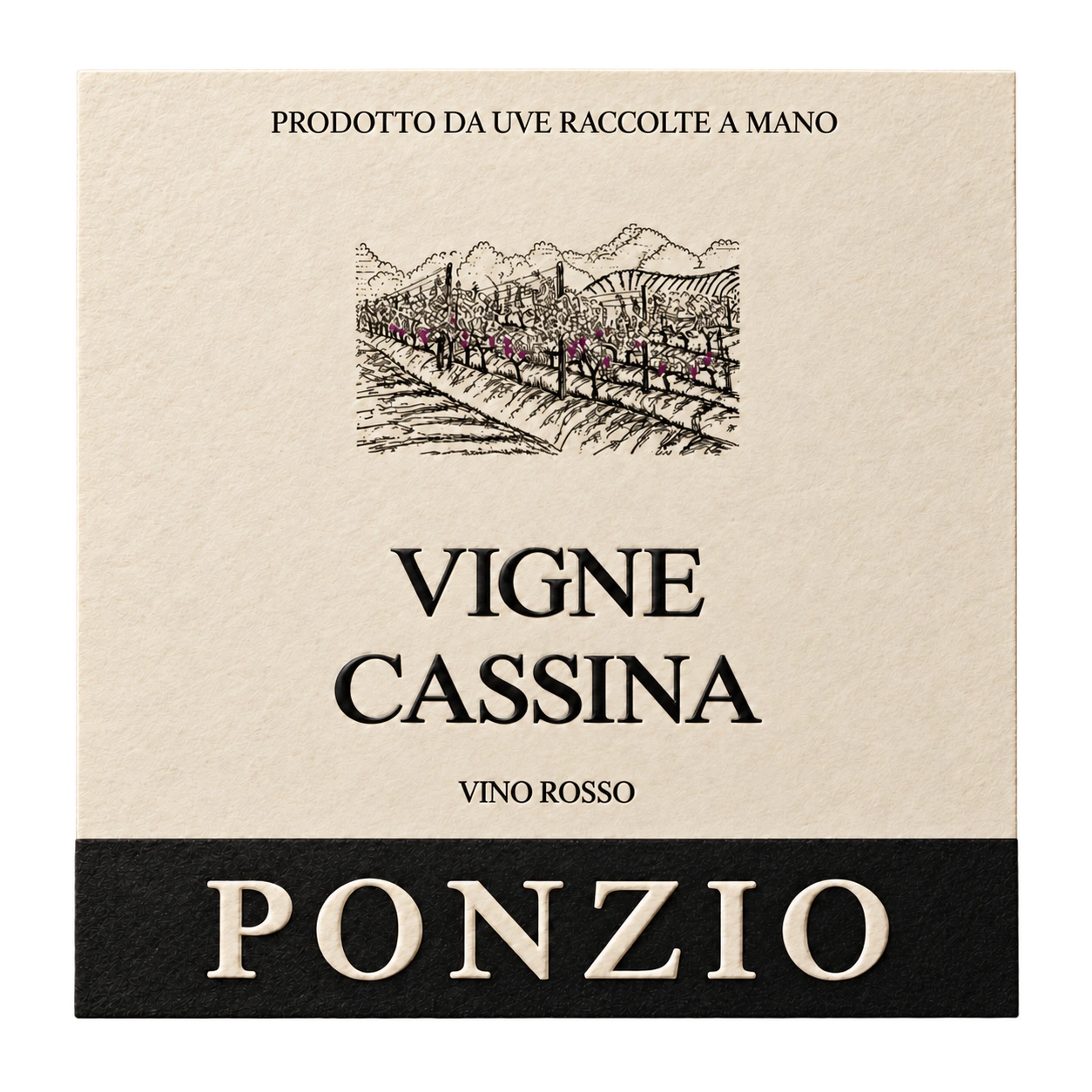 Etichetta Vigne Cassina: vigneto disegnato, nome del vino e marchio Ponzio
